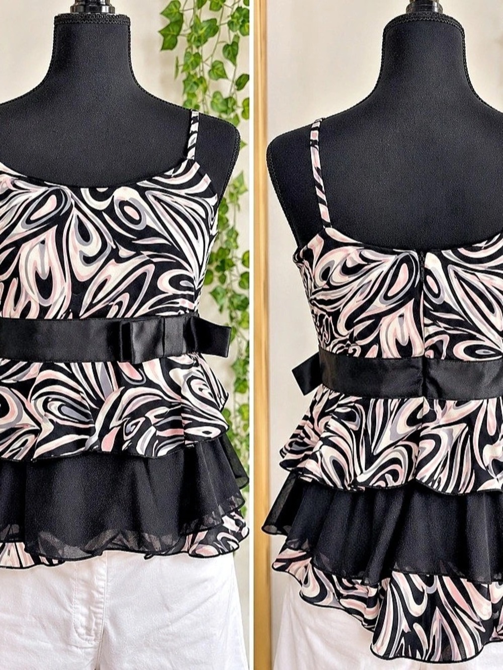 ELLE II New Waves Printed Ruffle Top with Black Belt – Size M